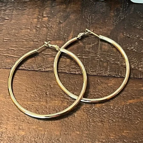 New 14k Gold 3x50mm Polished Round Oversized Omega Back Hoop Earrings
